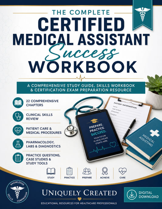 Promotional cover for a digital medical assistant study guide workbook titled 'The Complete Certified Medical Assistant Success Workbook.' The design uses a white background with dark navy and teal typography, plus a mockup of a tablet, notebook, clipboard, stethoscope, pen, and small plant.