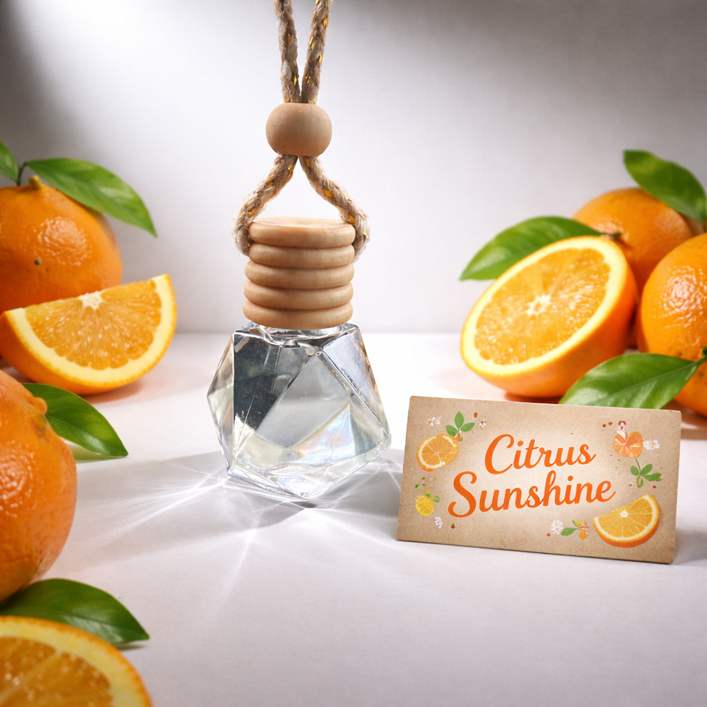 Perfume bottle labeled 'Citrus Sunshine' with oranges and a card on a light background