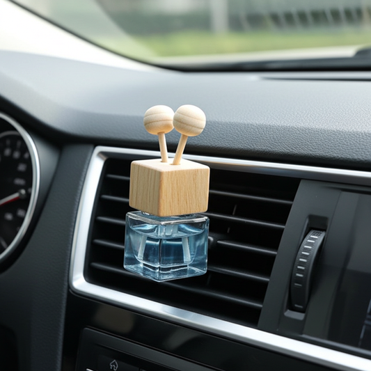 Car air freshener with wooden top and clear container on a car dashboard
