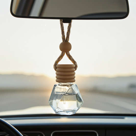 Crystal car hanging ornament with wooden beads on a car's rearview mirror.