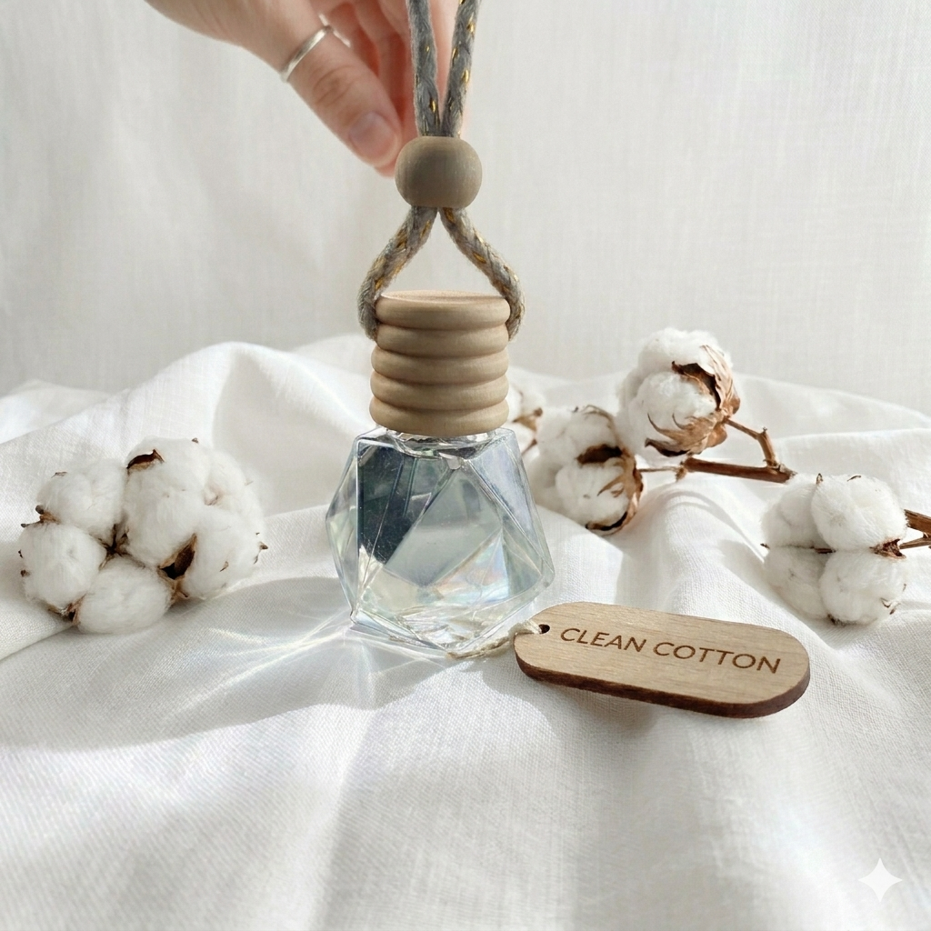 Perfume bottle with wooden cap and 'Clean Cotton' tag on a white fabric background with cotton flowers.