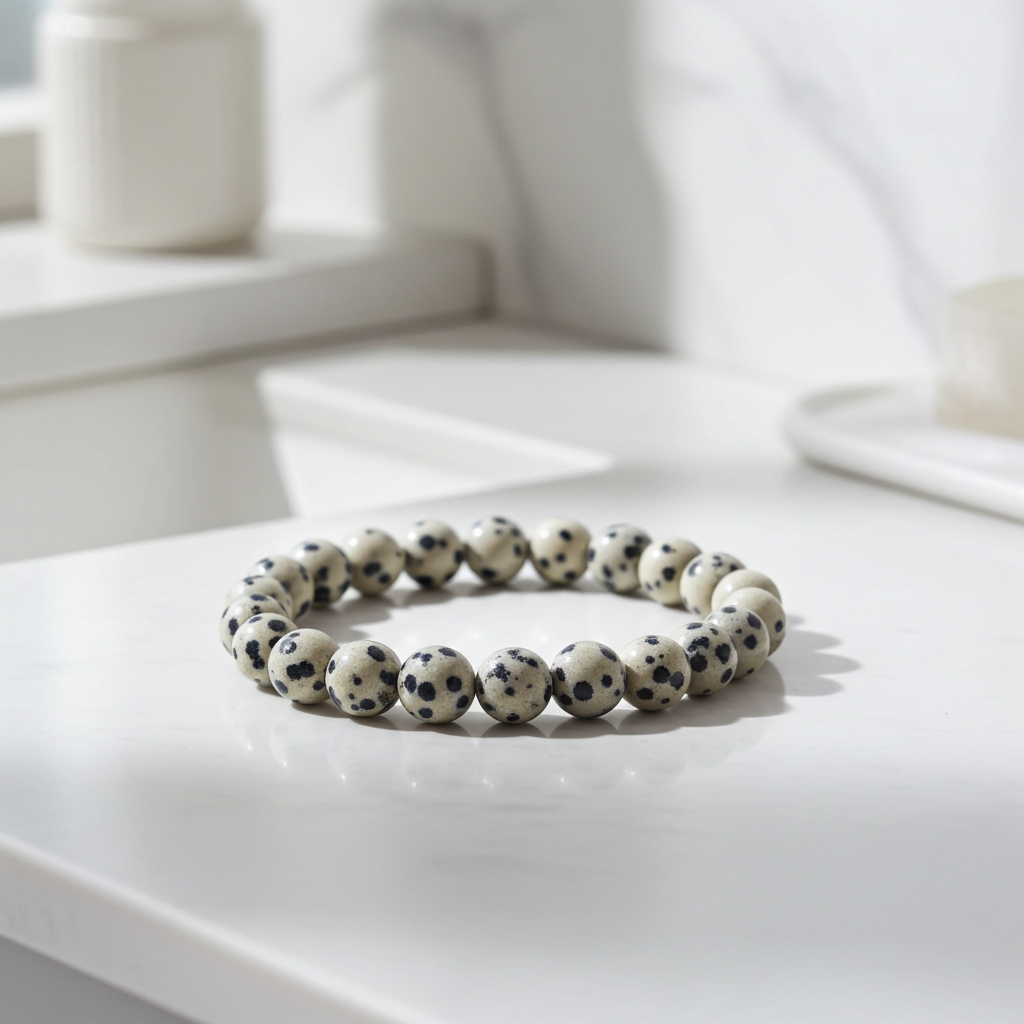 Bracelet with black and white beads on a white surface