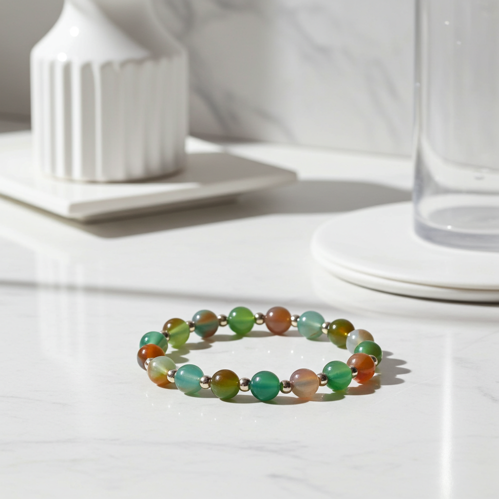 Multicolored beaded bracelet on a white surface with a white vase and glass in the background