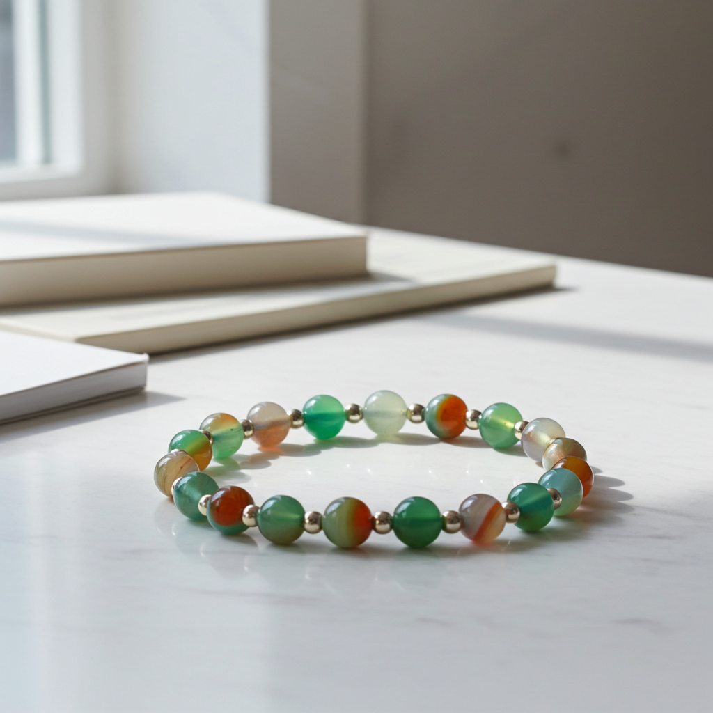 Beaded bracelet with multicolored beads on a light surface