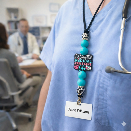 Person wearing blue scrubs with a 'Living the Medical Assistant Life' badge holder and name tag in a medical setting.