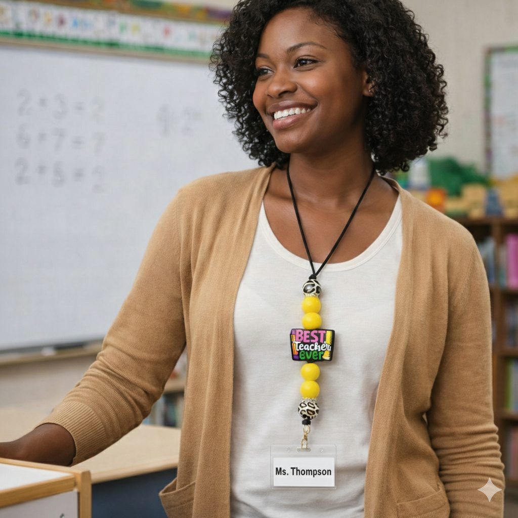 Teacher standing in a classroom with a colorful lanyard and name tag.