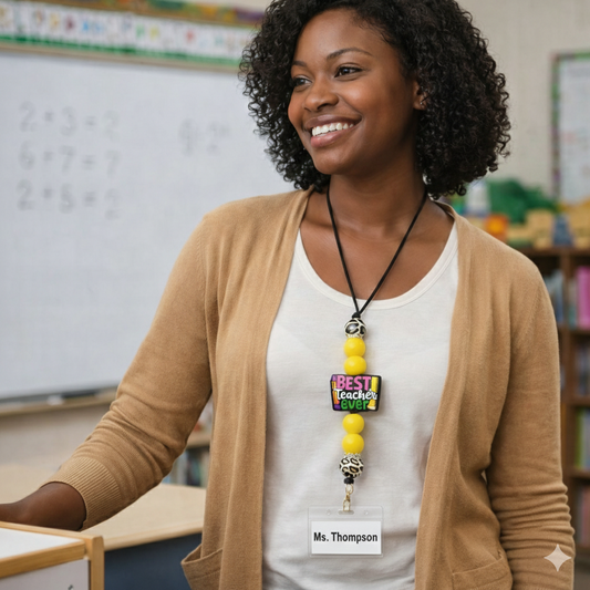 Teacher standing in a classroom with a colorful lanyard and name tag.