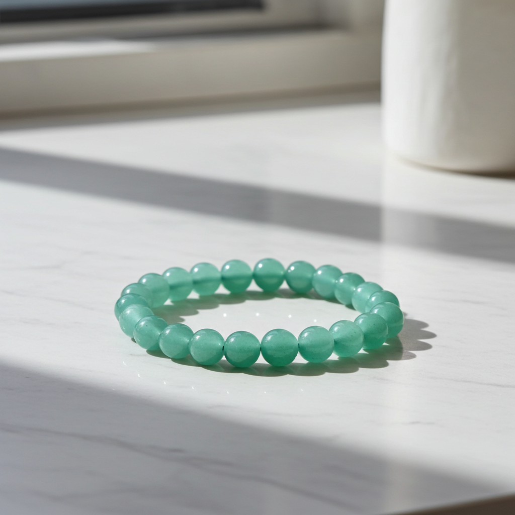 Green beaded bracelet on a light surface