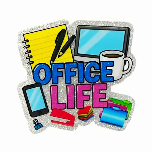 Colorful illustration of office supplies with 'OFFICE LIFE' text on a white background