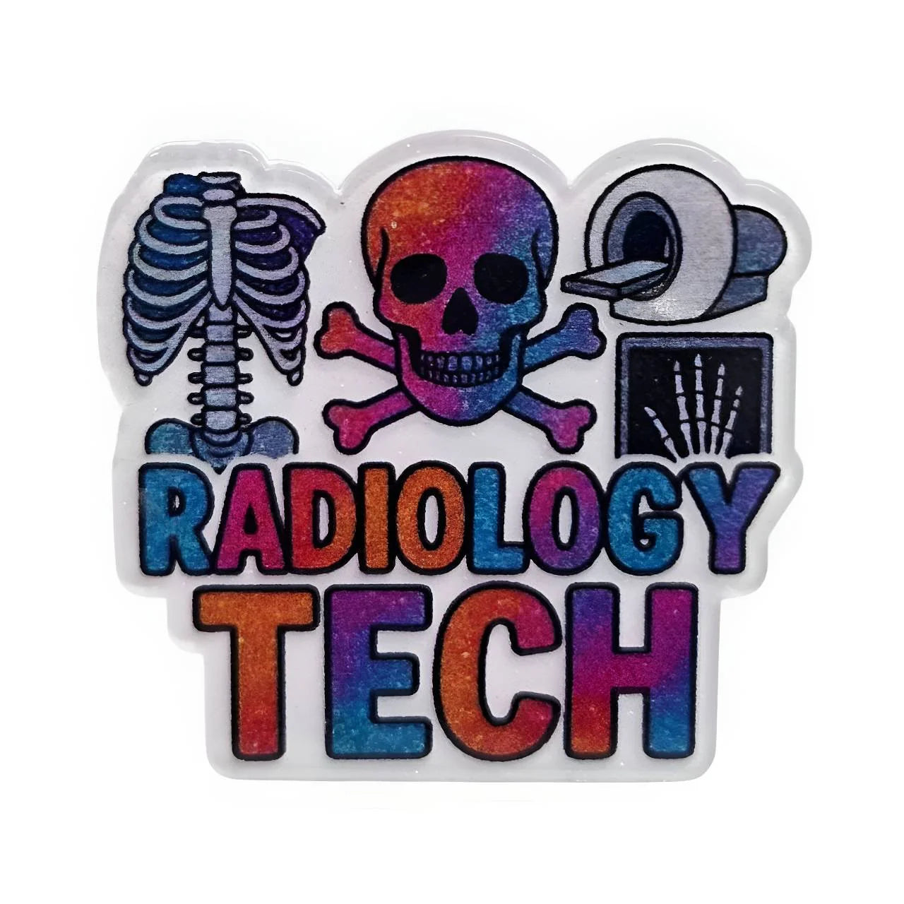 Colorful 'Radiology Tech' sticker with medical symbols on a white background