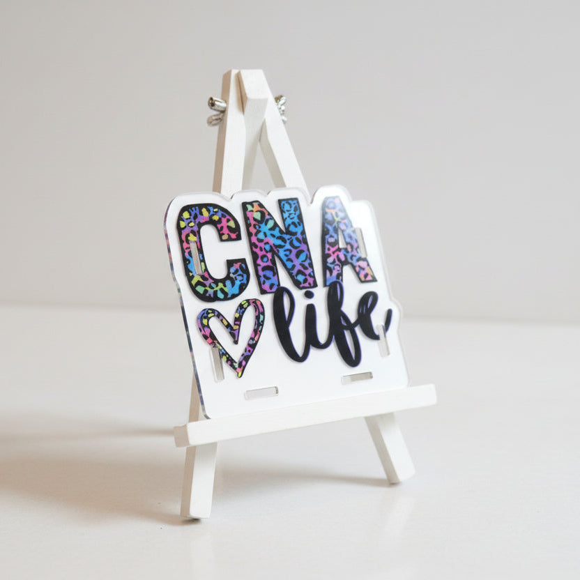 Sticker with 'CNA life' text on a white background