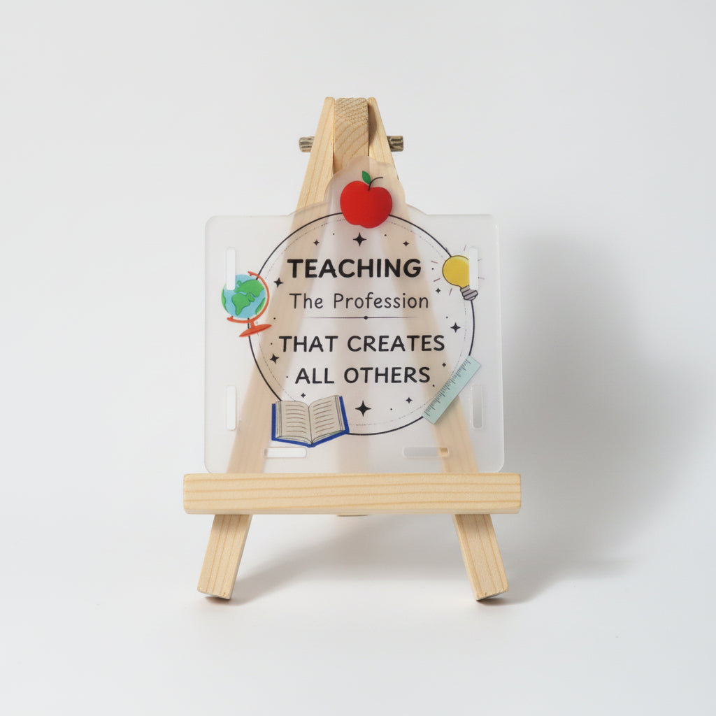 Decorative sign with educational symbols and text on a white background