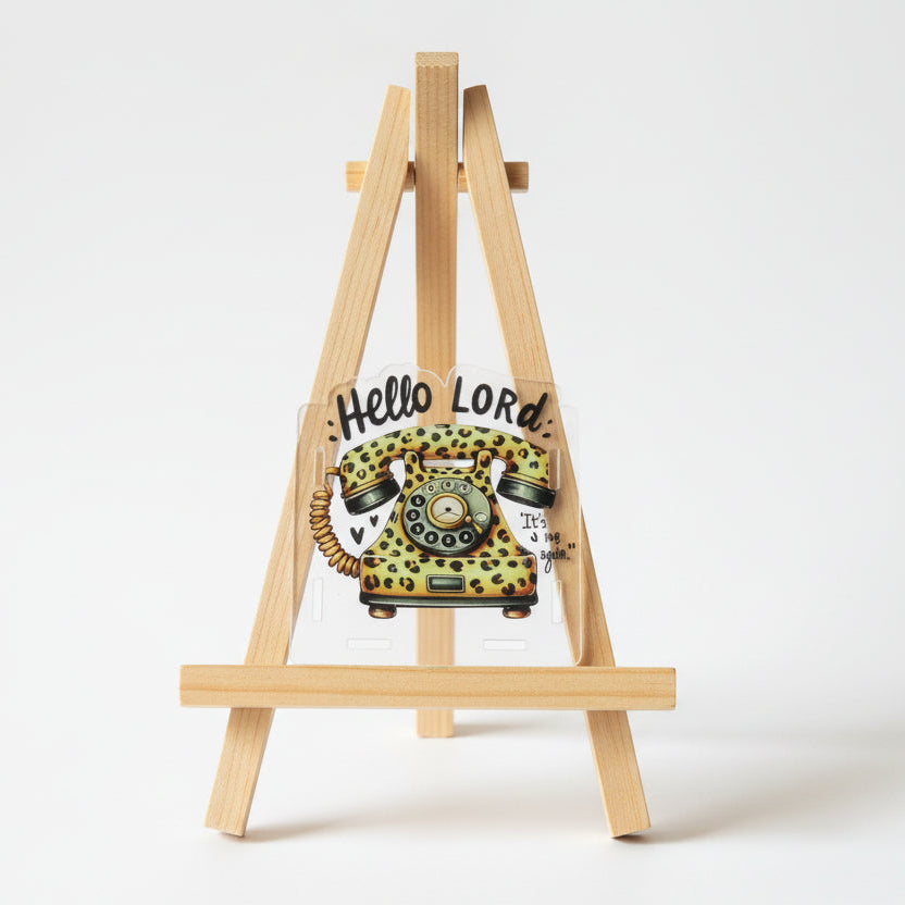 Sticker with a leopard print phone design and 'Hello Lord' text on a white background