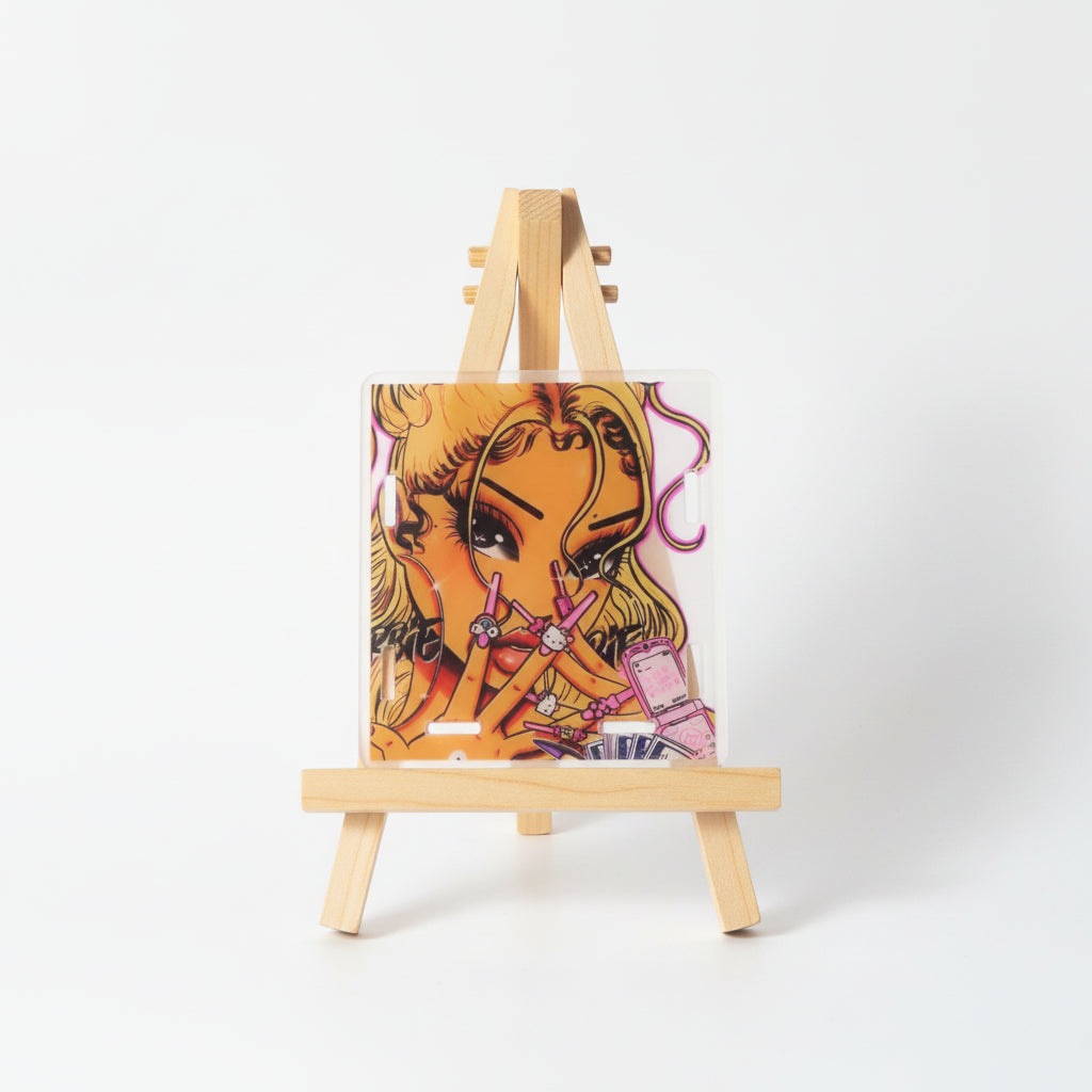 Cartoon character with blonde hair and pink accessories on a white background