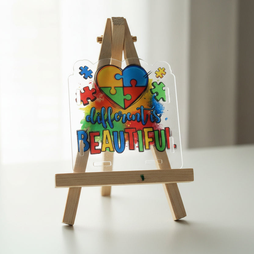 Colorful autism awareness sticker with heart and puzzle pieces design on a white background