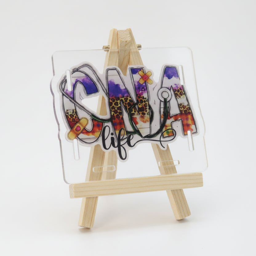 Decorative license plate with colorful text and designs on a white background