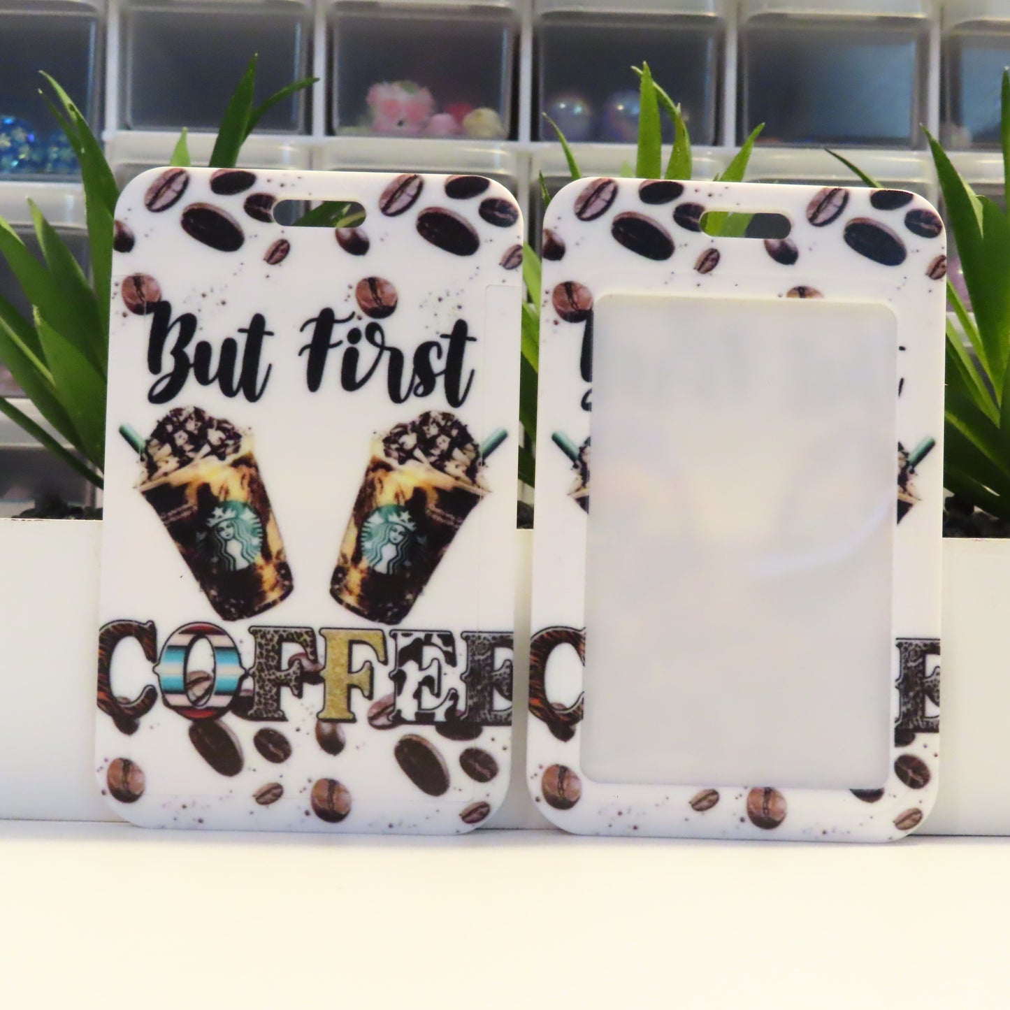 Phone case with Starbucks design and 'But First Coffee' text on a white background.