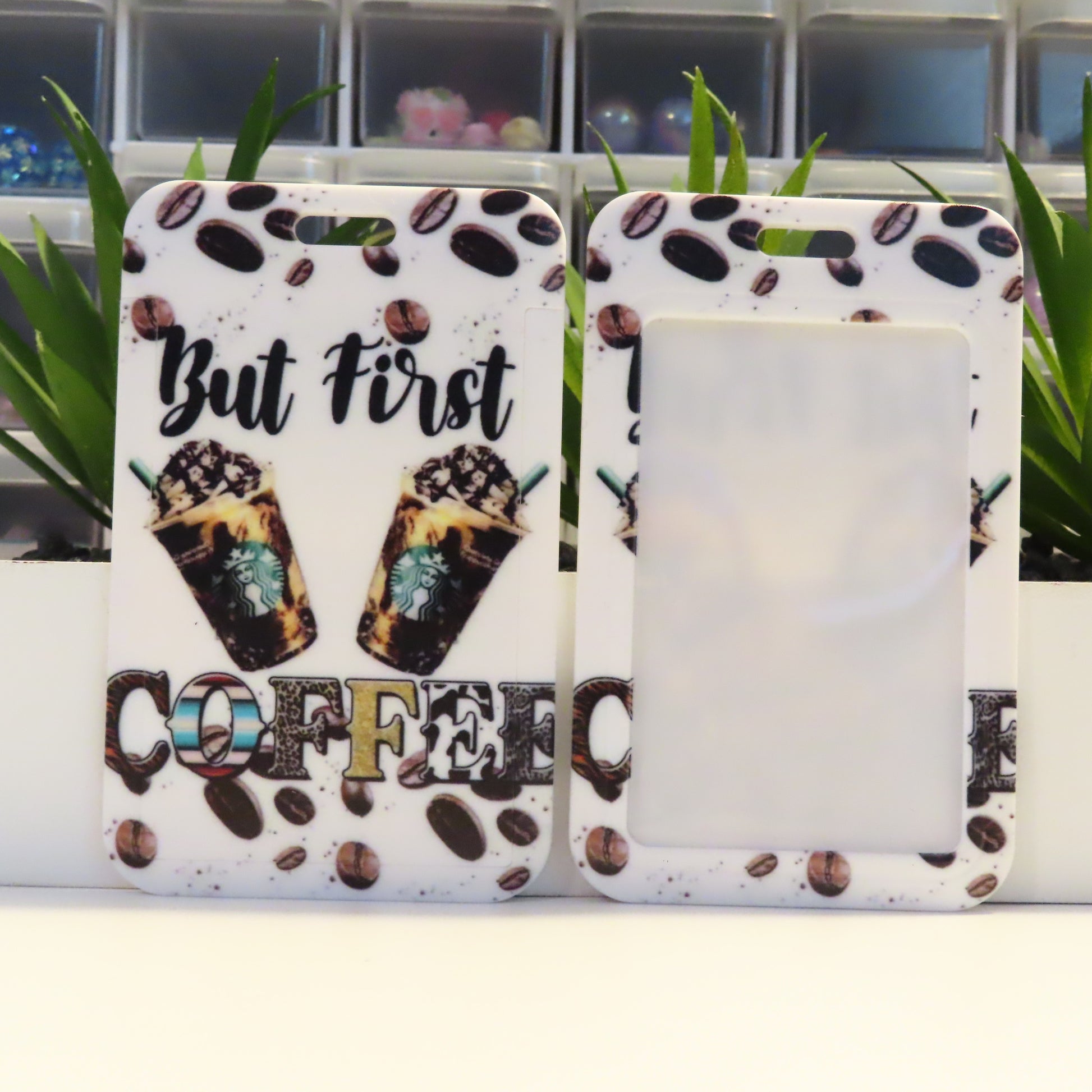 Phone case with Starbucks design and 'But First Coffee' text on a white background.