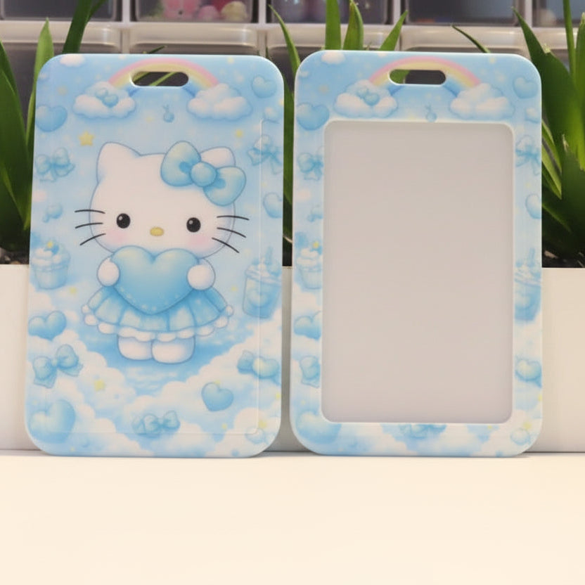 Two cartoon phone cases with a cat character holding a heart on a blue background.