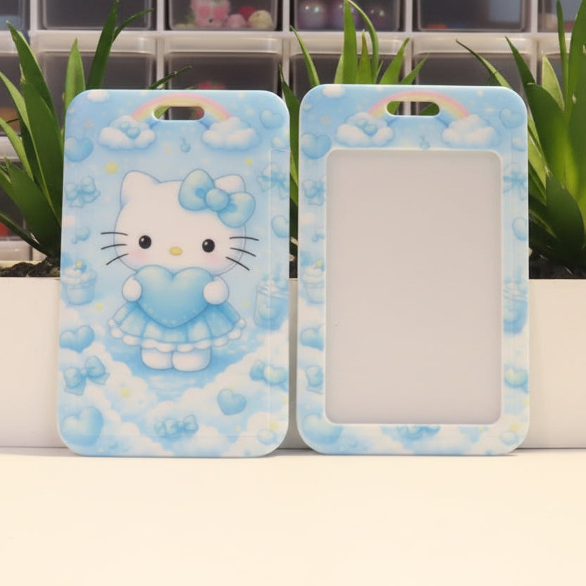 Two cartoon phone cases with a cat character holding a heart on a blue background.
