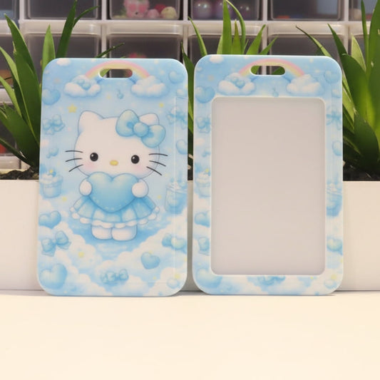 Two cartoon phone cases with a cat character holding a heart on a blue background.