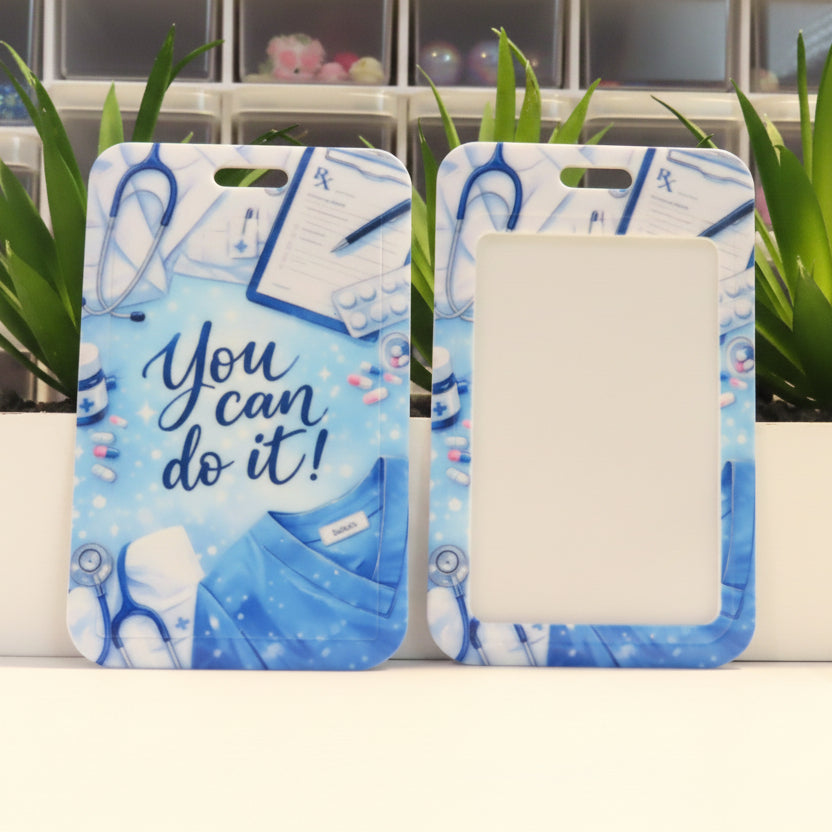 Motivational card with 'You can do it!' text and medical-themed illustrations on a blue background.