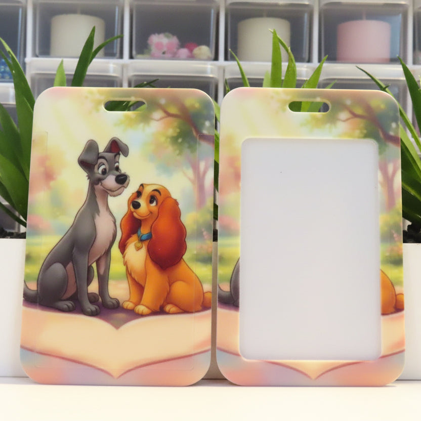 Phone case with animated dog characters on a decorative background