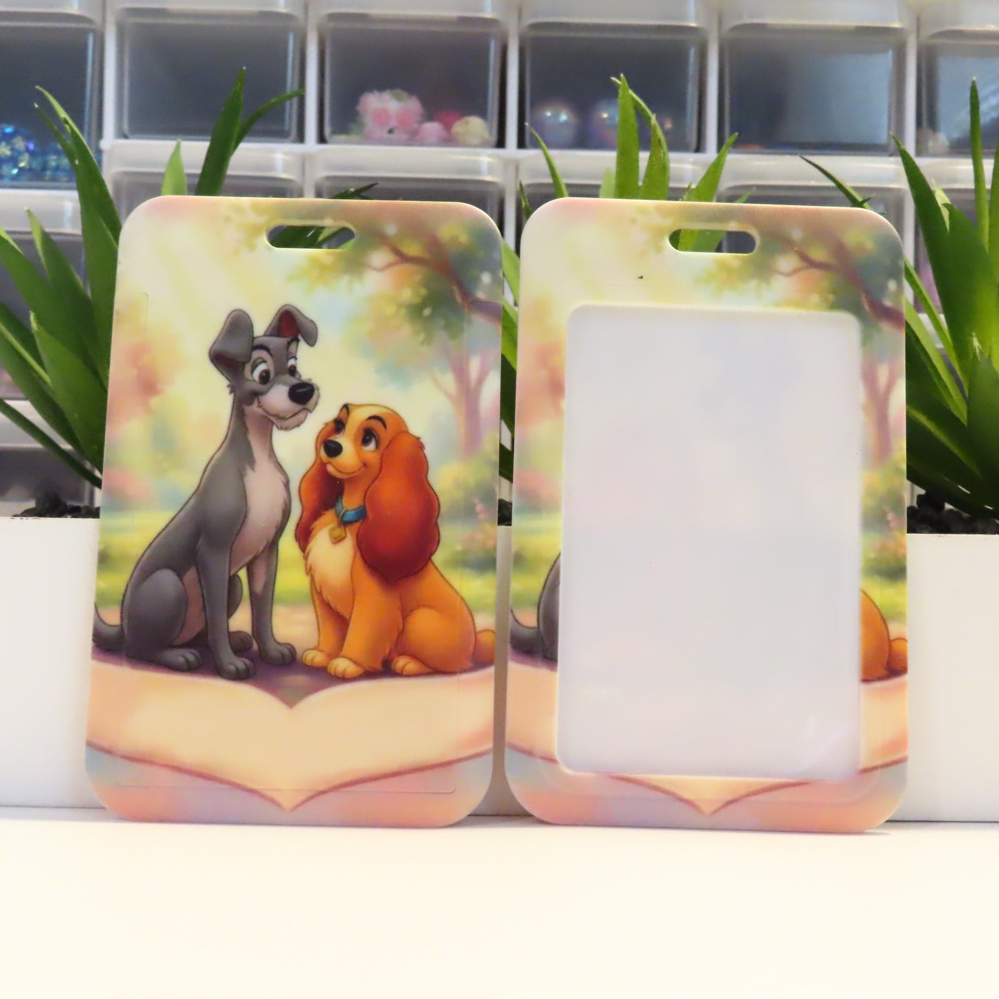 Phone case with animated dog characters on a decorative background
