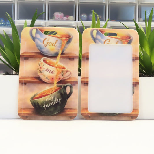 Two phone cases with coffee cup designs and text on a white surface with plants in the background.