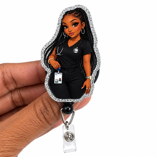 A hand holding a custom glitter-edged retractable badge reel featuring an illustrated cartoon nurse character with a black uniform and ID badge.