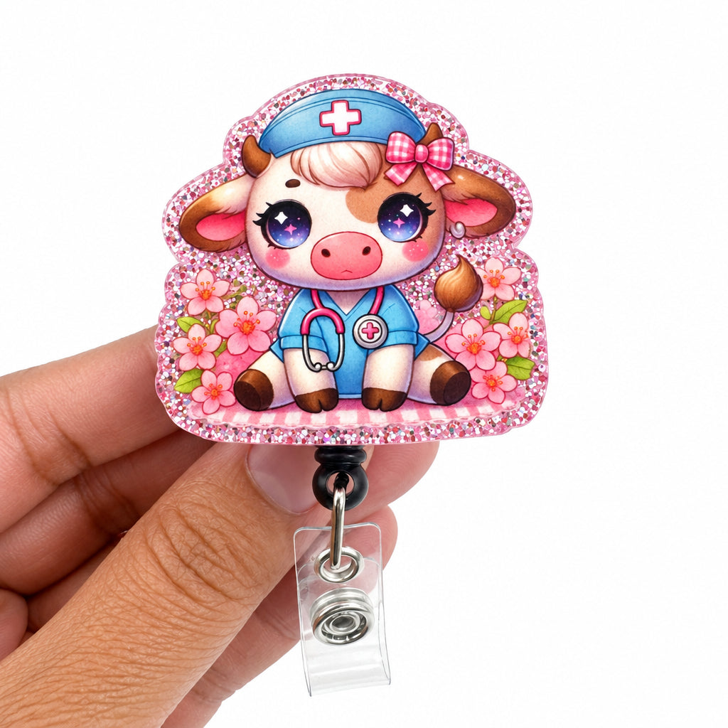 A hand holding a clear plastic retractable badge reel with a decorative cartoon cow nurse charm. The charm features a pink glitter border, a cute brown-and-white cow character wearing a blue nurse hat and coat with a stethoscope, and pink flowers at the bottom, set against a plain light background.