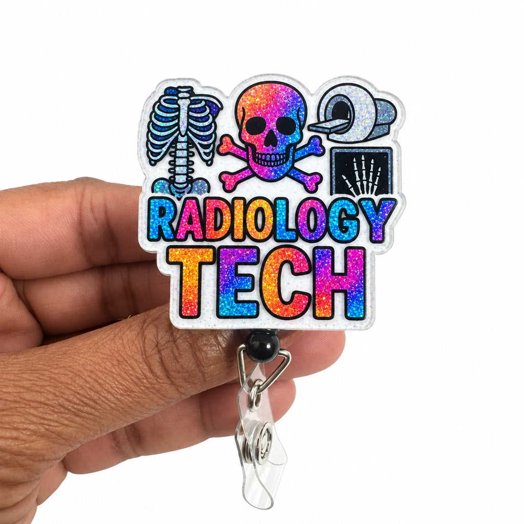 A hand holding a die-cut acrylic badge reel featuring a colorful 'RADIOLOGY TECH' design with medical icons like a skull, rib cage, and X-ray image, on a plain white background.