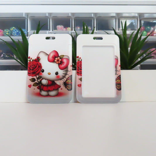 Cute White Cat with Red Rose Badge Holder