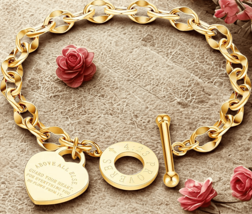 Stainless Steel Bible Proverbs link bracelet, engraved faith jewelry