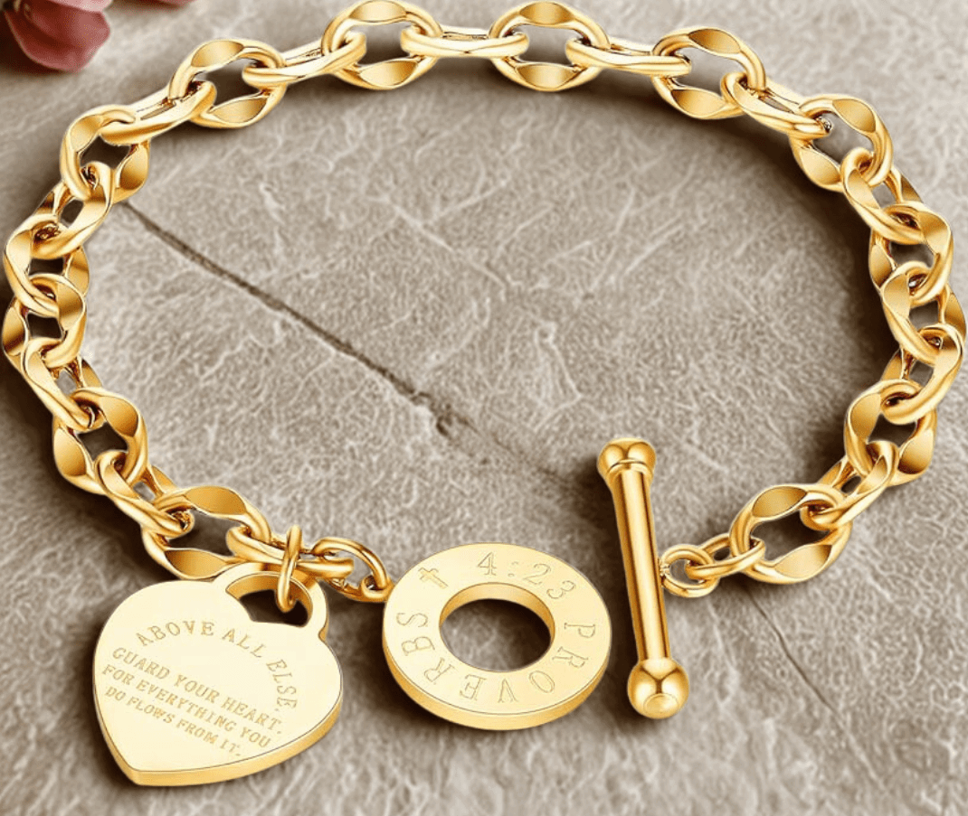 Stainless Steel Bible Proverbs link bracelet, engraved faith jewelry