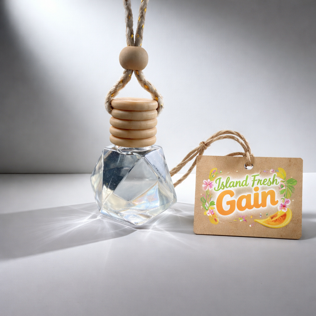 Clear glass bottle with wooden cap and 'Island Fresh Gain' tag on a light background