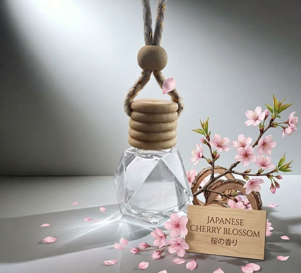 Clear glass diffuser with wooden top, cherry blossom branch, and 'Japanese Cherry Blossom' sign on a gray background