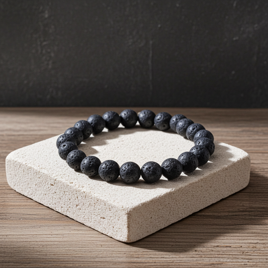 Black beaded bracelet on a beige stand with a dark background