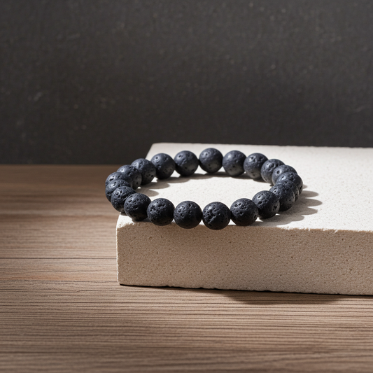 Lava stone bracelet on a beige block with a dark background