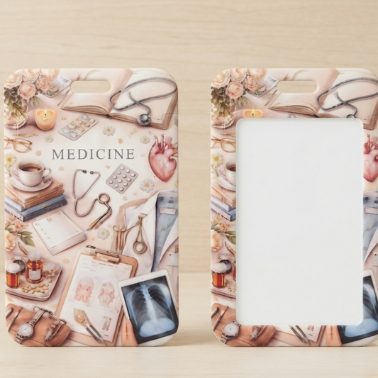 Two decorative phone cases shown side by side on a light wood surface. The left case is fully printed with a vintage-style medicine theme including books, stethoscopes, pills, a heart, flowers, and the word “MEDICINE.