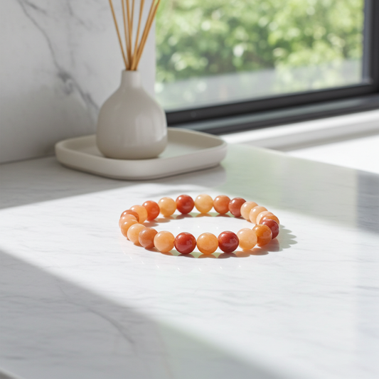 Multicolored beaded bracelet on a white surface with a blurred background