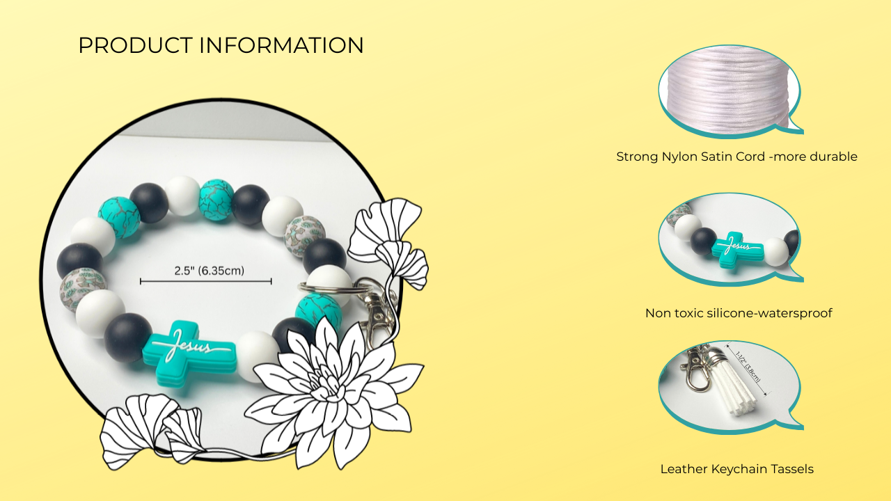 Bracelet with keychain tassel on a yellow background, featuring product information text.