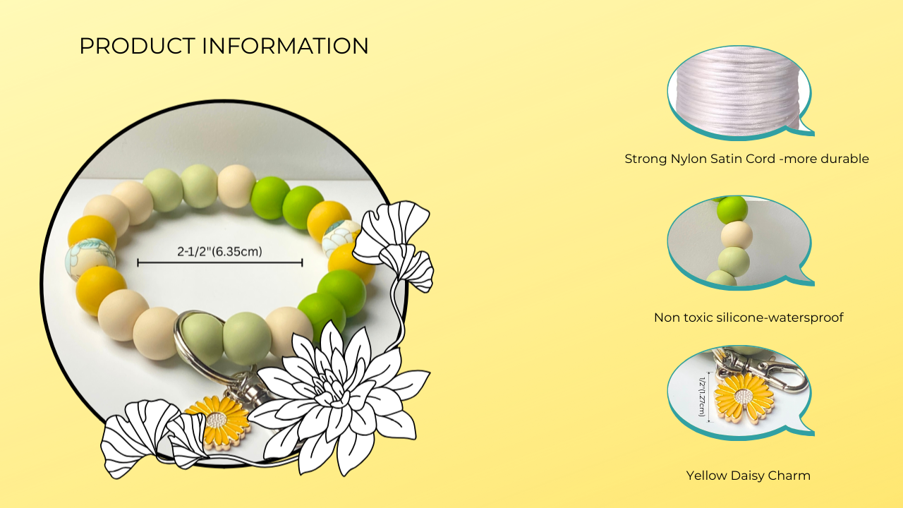 Bracelet with beads and yellow daisy charm on a yellow background with product information text.