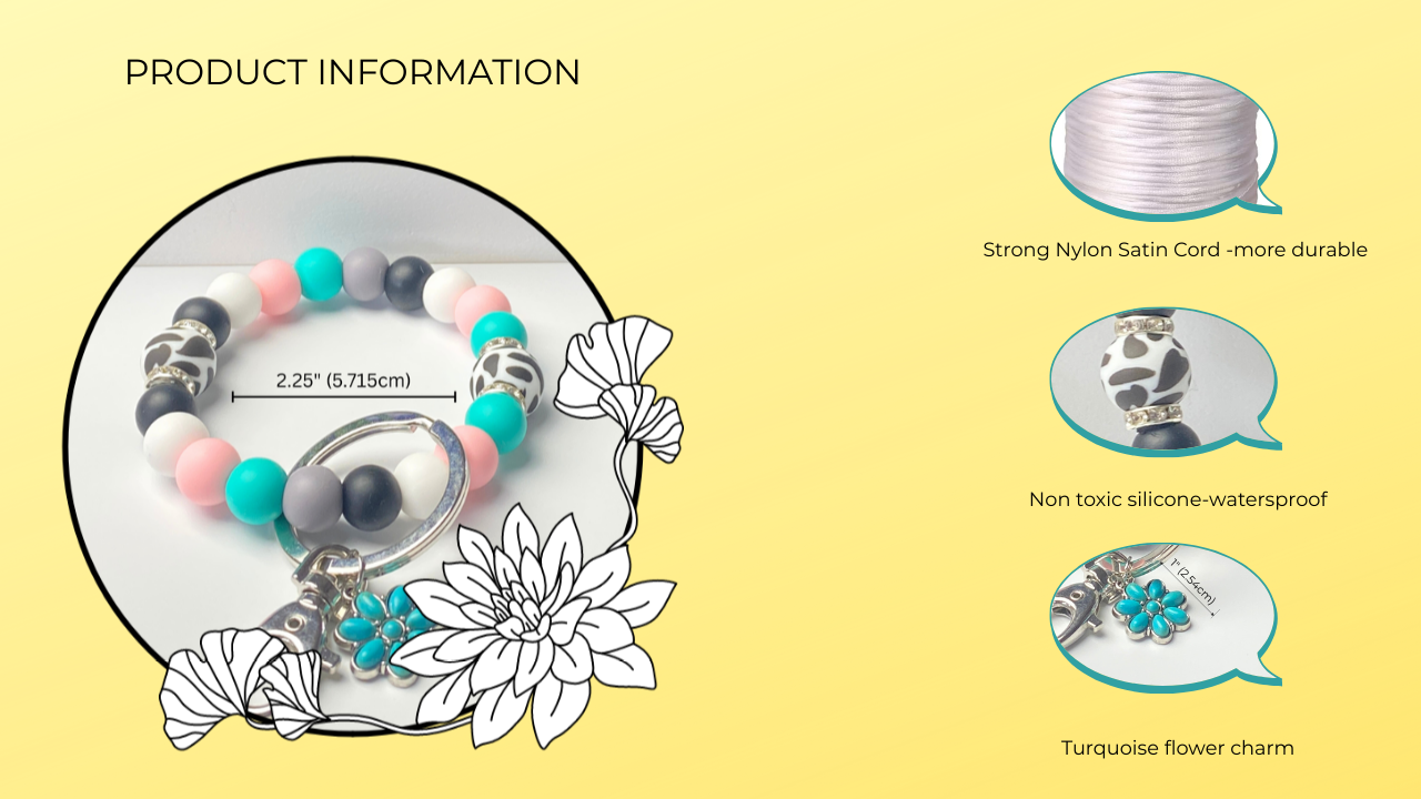 Bracelet with turquoise flower charm on a yellow background with product information text.