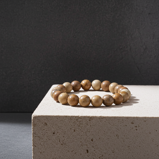 Brown beaded bracelet on a concrete block with a dark background