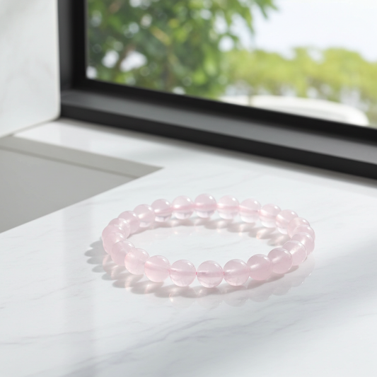 Pink beaded bracelet on a white surface with a window in the background