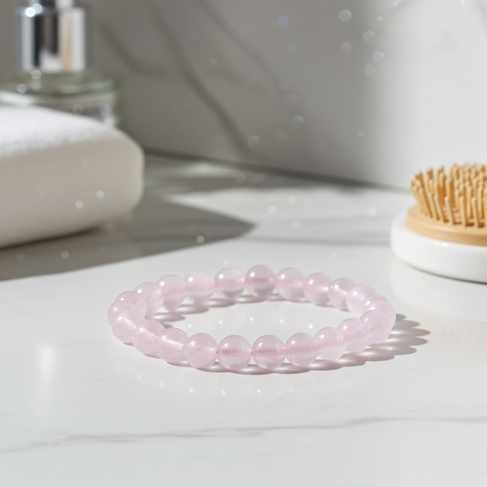 Pink beaded bracelet on a white surface with a blurred background