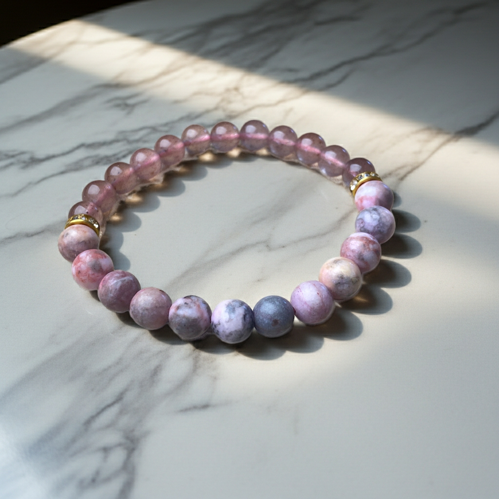 Beaded bracelet with pink and purple stones on a marble surface