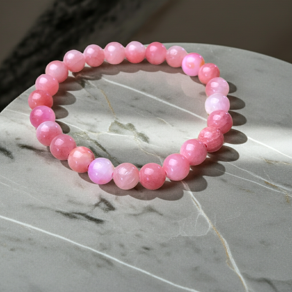 Pink beaded bracelet on a marble surface