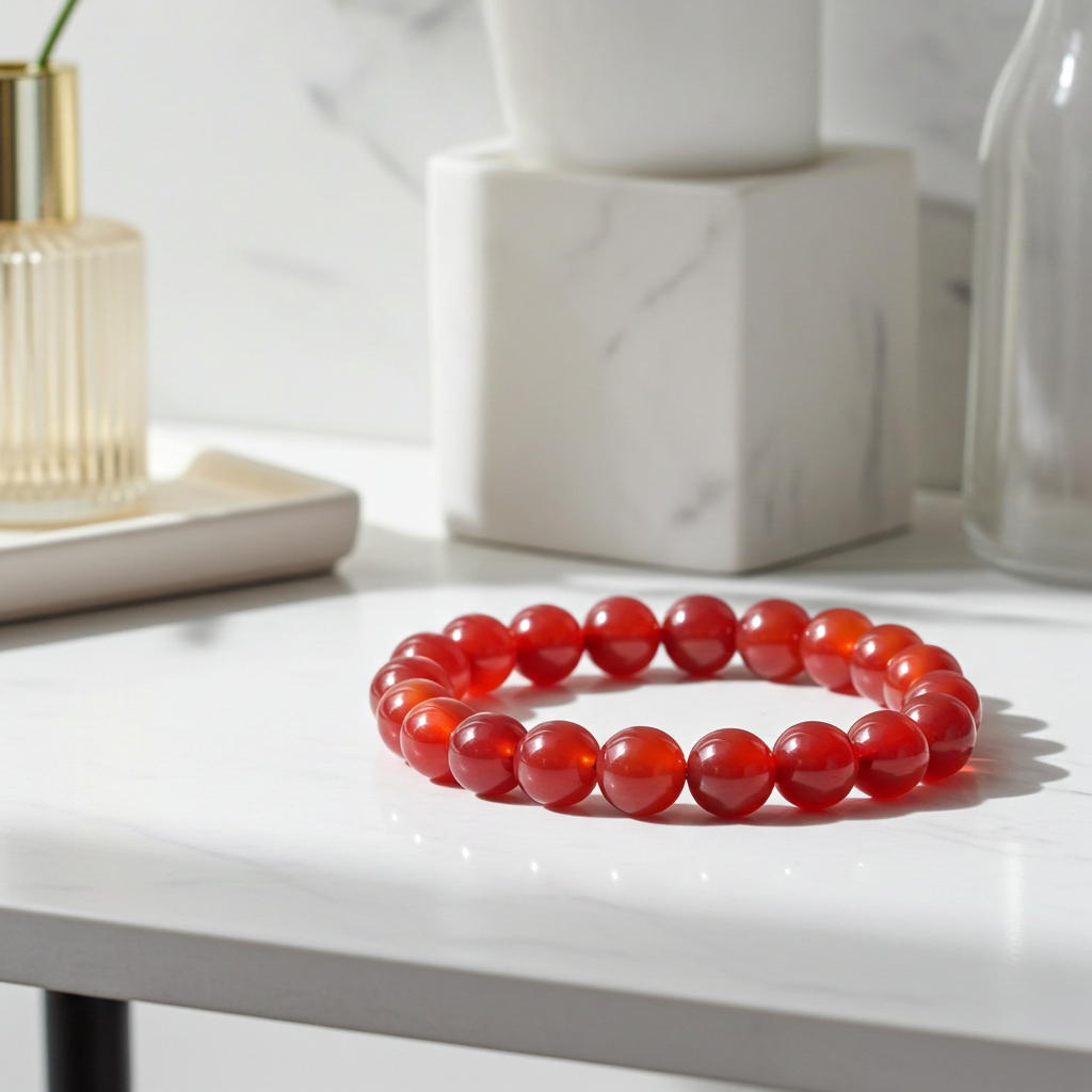 Red beaded bracelet on a white surface with decorative items in the background